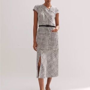 ME+EM Gray Tweed Cap-Sleeve Midi Dress